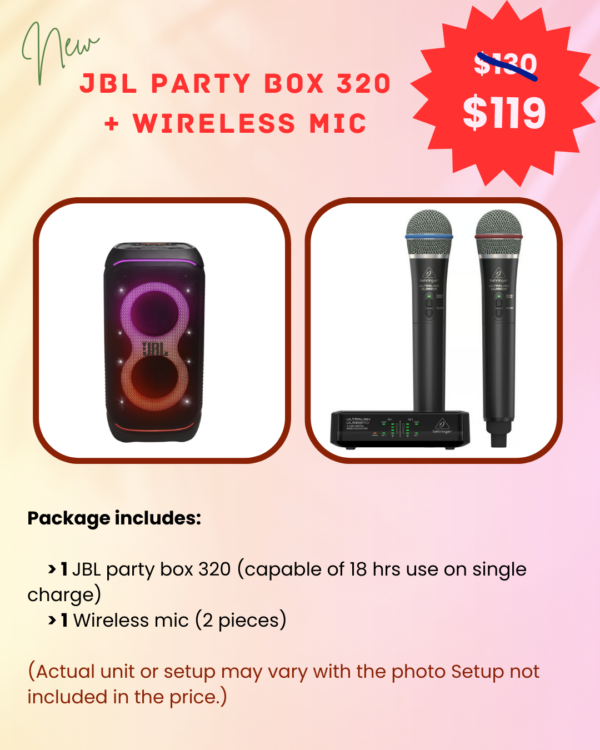 JBL party box 320 and Behringer wireless mics